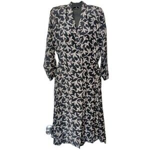 Silk Studio True Wrap Dress Size 10 Petite 100% Silk Black Gray Floral Print VTG
